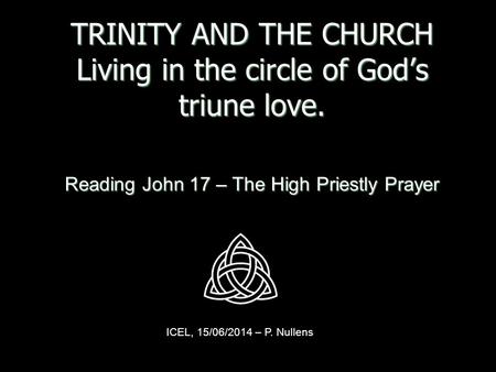 TRINITY AND THE CHURCH Living in the circle of God’s triune love. Reading John 17 – The High Priestly Prayer ICEL, 15/06/2014 – P. Nullens.