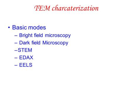 TEM charcaterization Basic modes – Bright field microscopy – Dark field Microscopy –STEM – EDAX – EELS.