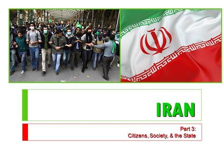 IRAN Part 3: Citizens, Society, & the State. Cleavages  Religion  90% are Shia Muslim  10% are Sunni Muslim  1% = Jews, Christians, Zoroastrian, Ba’hai.