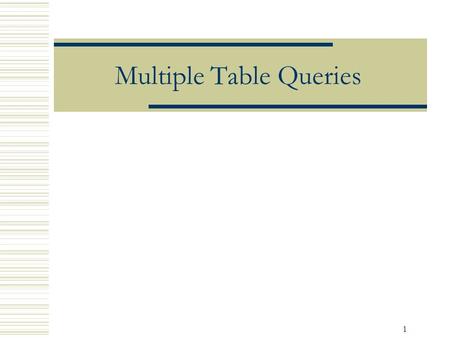 1 Multiple Table Queries. 2 Objectives  Retrieve data from more than one table by joining tables  Using IN and EXISTS to query multiple tables  Nested.