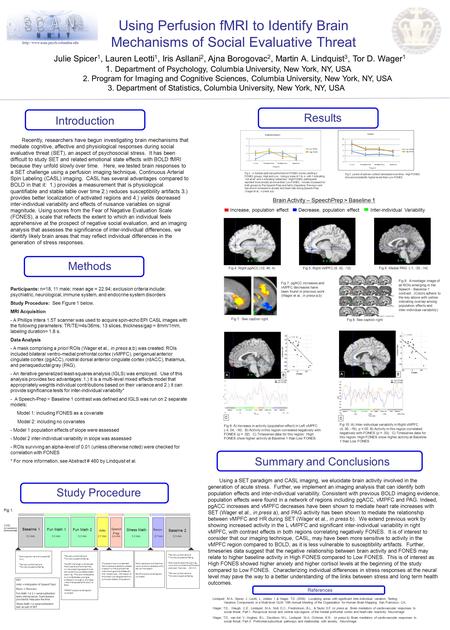 Using Perfusion fMRI to Identify Brain Mechanisms of Social Evaluative Threat Julie Spicer 1, Lauren Leotti 1, Iris.