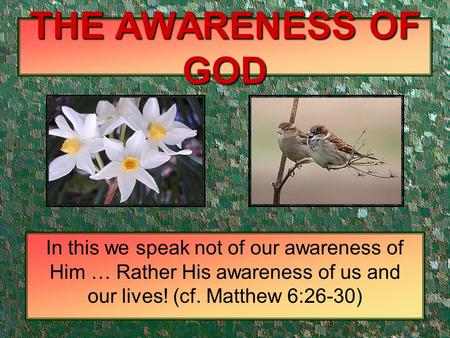 THE AWARENESS OF GOD In this we speak not of our awareness of Him … Rather His awareness of us and our lives! (cf. Matthew 6:26-30)