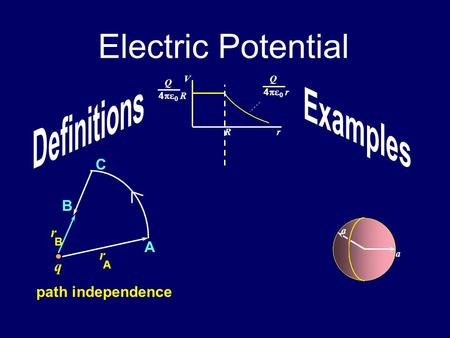 Electric Potential q A C B r A B r path independence a a Rr VQ 4   r Q 4   R.