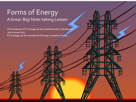Forms of Energy A Grear-Bigi Note-taking Lesson Ohio Indicator PS: Energy can be transformed or transferred but is never lost. PS: Energy can be transferred.