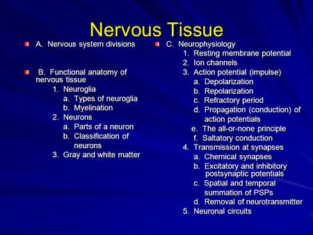 Nervous Tissue A. Nervous system divisions B. Functional anatomy of nervous tissue B. Functional anatomy of nervous tissue 1. Neuroglia 1. Neuroglia a.