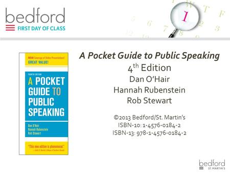 A Pocket Guide to Public Speaking 4 th Edition Dan O’Hair Hannah Rubenstein Rob Stewart ©2013 Bedford/St. Martin’s ISBN-10: 1-4576-0184-2 ISBN-13: 978-1-4576-0184-2.
