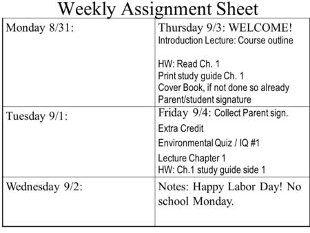 Weekly Assignment Sheet Monday 8/31:Thursday 9/3: WELCOME! Introduction Lecture: Course outline HW: Read Ch. 1 Print study guide Ch. 1 Cover Book, if not.