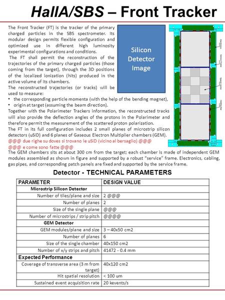 HallA/SBS – Front Tracker PARAMETERDESIGN VALUE Microstrip Silicon Detector Number of tiles/plane and size2 Number of planes2 Size of the single