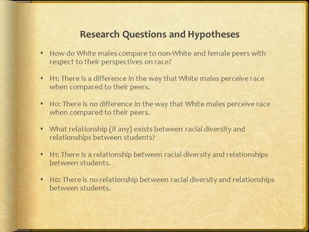 Research Questions and Hypotheses  How do White males compare to non-White and female peers with respect to their perspectives on race?  H1: There is.