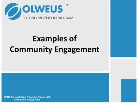 ©2014 Olweus Bullying Prevention Program, U.S. www.clemson.edu/olweus Examples of Community Engagement.