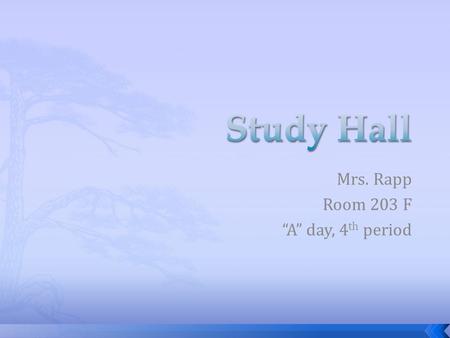 Mrs. Rapp Room 203 F “A” day, 4 th period.  The purpose of the required study hall is to provide students with time during the school day to complete.