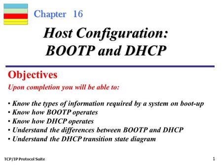TCP/IP Protocol Suite 1 Chapter 16 Upon completion you will be able to: Host Configuration: BOOTP and DHCP Know the types of information required by a.