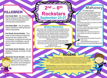 2 nd – 6 th Rockstars September 23-27 Weekly Reminders 4th Grade Literacy – Our story for the week will be, Lewis and Clark and Me. Throughout our 6 stations.