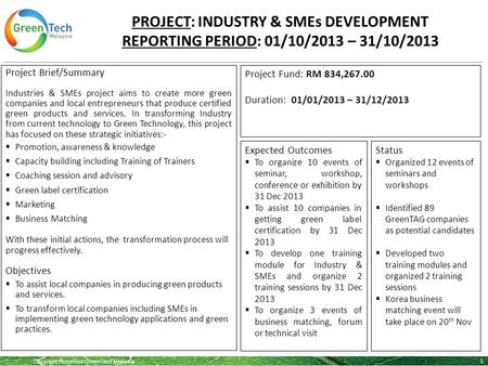 Copyright Reserved GreenTech Malaysia PROJECT: INDUSTRY & SMEs DEVELOPMENT REPORTING PERIOD: 01/10/2013 – 31/10/2013 1 Project Brief/Summary Industries.