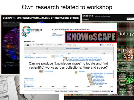 Own research related to workshop Can we produce “knowledge maps” to locate and find (scientific) works across collections, time and space?