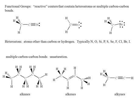 Alkenesalkanesalkynes Functional Groups: “reactive” centers that contain heteroatoms or multiple carbon-carbon bonds. Heteroatom: atoms other than carbon.
