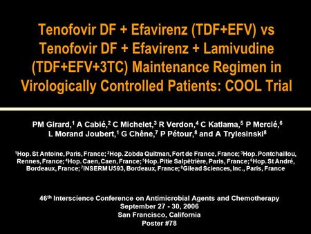 46 th Interscience Conference on Antimicrobial Agents and Chemotherapy September 27 - 30, 2006 San Francisco, California Poster #78 Tenofovir DF + Efavirenz.