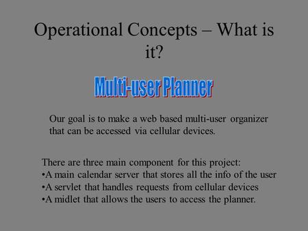 Our goal is to make a web based multi-user organizer that can be accessed via cellular devices. There are three main component for this project: A main.