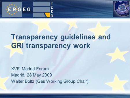 XVI th Madrid Forum Madrid, 28 May 2009 Walter Boltz (Gas Working Group Chair) Transparency guidelines and GRI transparency work.