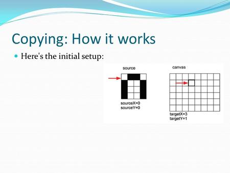 Copying: How it works Here's the initial setup:. Copying: How it works 2 After incrementing the sourceY and targetY once (whether in the for or via expression):