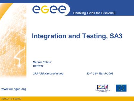 INFSO-RI-508833 Enabling Grids for E-sciencE www.eu-egee.org Integration and Testing, SA3 Markus Schulz CERN IT JRA1 All-Hands Meeting 22 nd - 24 nd March.