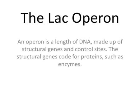 The Lac Operon An operon is a length of DNA, made up of structural genes and control sites. The structural genes code for proteins, such as enzymes.