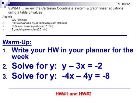 SWBAT… review the Cartesian Coordinate system & graph linear equations using a table of values Agenda 1. WU (10 min) 2. Review Cartesian Coordinate System.