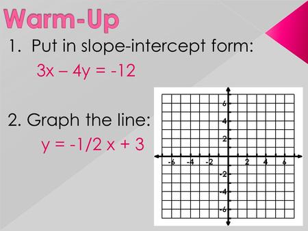 1. Put in slope-intercept form: 3x – 4y = -12 2. Graph the line: y = -1/2 x + 3.