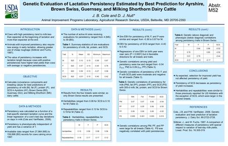 Genetic Evaluation of Lactation Persistency Estimated by Best Prediction for Ayrshire, Brown Swiss, Guernsey, and Milking Shorthorn Dairy Cattle J. B.
