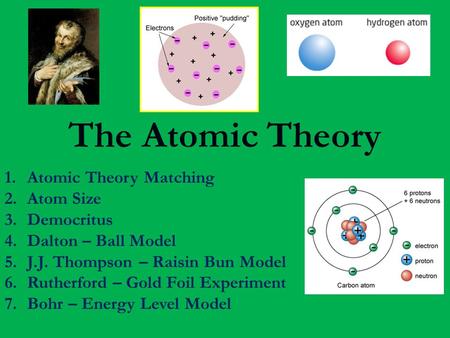 The Atomic Theory 1.Atomic Theory Matching 2.Atom Size 3.Democritus 4.Dalton – Ball Model 5.J.J. Thompson – Raisin Bun Model 6.Rutherford – Gold Foil Experiment.