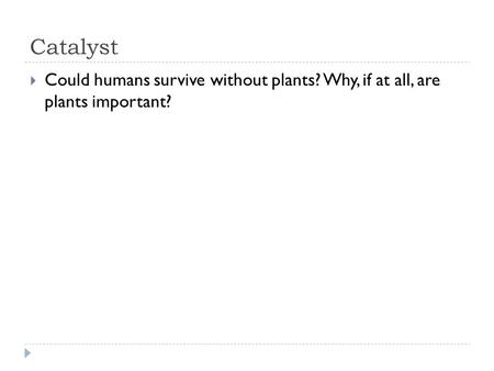 Catalyst  Could humans survive without plants? Why, if at all, are plants important?