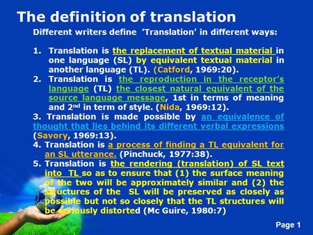Free Powerpoint Templates Page 1 The definition of translation Different writers define ’Translation’ in different ways: 1.Translation is the replacement.