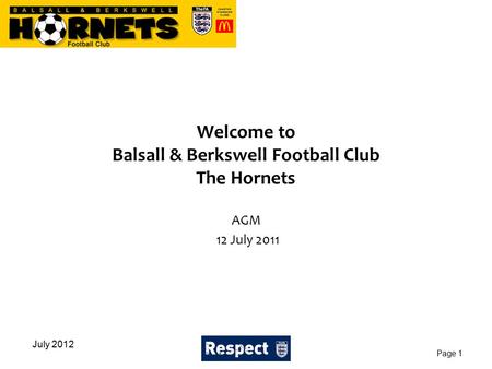 Welcome to Balsall & Berkswell Football Club The Hornets AGM 12 July 2011 July 2012 Page 1.