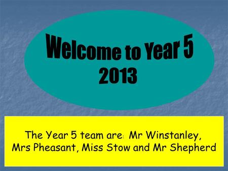 The Year 5 team are : Mr Winstanley, Mrs Pheasant, Miss Stow and Mr Shepherd.