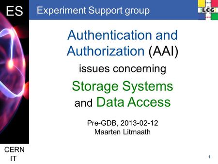 Placeholder ES 1 CERN IT Experiment Support group Authentication and Authorization (AAI) issues concerning Storage Systems and Data Access Pre-GDB, 2013-02-12.