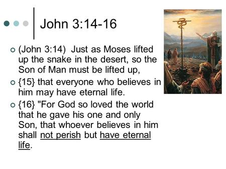 John 3:14-16 (John 3:14) Just as Moses lifted up the snake in the desert, so the Son of Man must be lifted up, {15} that everyone who believes in him may.