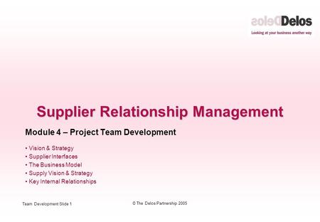 Team Development Slide 1 © The Delos Partnership 2005 Supplier Relationship Management Module 4 – Project Team Development Vision & Strategy Supplier Interfaces.