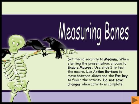 Measuring Bones Set macro security to Medium. When starting the presentation, choose to Enable Macros. Use slide 2 to test the macro. Use Action Buttons.