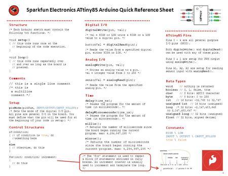 Sparkfun Electronics ATtiny85 Arduino Quick Reference Sheet