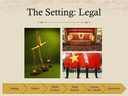 The Setting: Legal. Mythbusters Trivia When was protection for the rule of law added to China’s constitution? a) 1949 b) 1989 c) 1999 d) 2007.