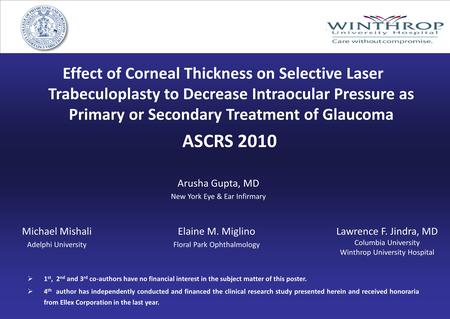 Effect of Corneal Thickness on Selective Laser Trabeculoplasty to Decrease Intraocular Pressure as Primary or Secondary Treatment of Glaucoma ASCRS 2010.