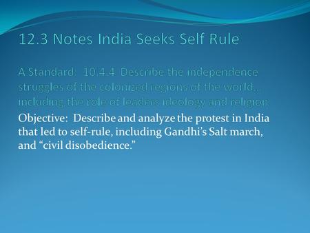 Objective: Describe and analyze the protest in India that led to self-rule, including Gandhi’s Salt march, and “civil disobedience.”