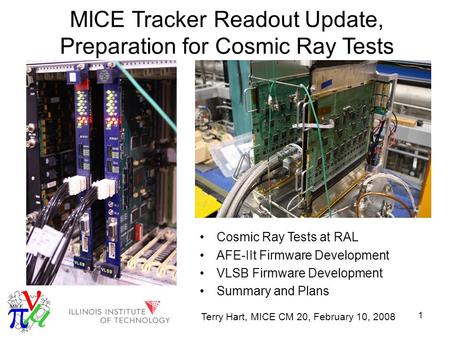 1 MICE Tracker Readout Update, Preparation for Cosmic Ray Tests Cosmic Ray Tests at RAL AFE-IIt Firmware Development VLSB Firmware Development Summary.