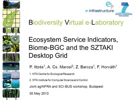 Ecosystem Service Indicators, Biome-BGC and the SZTAKI Desktop Grid P. Ittzés 1, A. Cs. Marosi 2, Z. Barcza 1, F. Horváth 1 1. MTA Centre for Ecological.