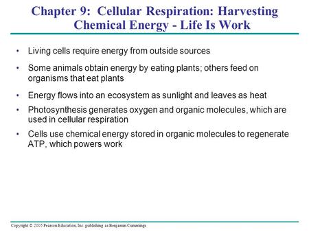 Copyright © 2005 Pearson Education, Inc. publishing as Benjamin Cummings Chapter 9: Cellular Respiration: Harvesting Chemical Energy - Life Is Work Living.