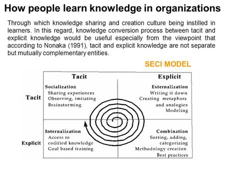 How people learn knowledge in organizations Through which knowledge sharing and creation culture being instilled in learners. In this regard, knowledge.