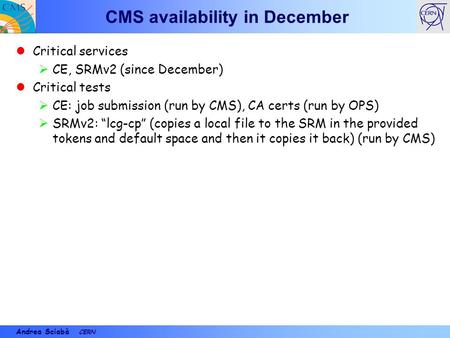 Andrea Sciabà CERN CMS availability in December Critical services  CE, SRMv2 (since December) Critical tests  CE: job submission (run by CMS), CA certs.
