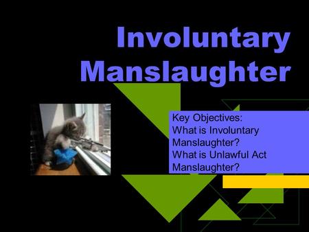 Involuntary Manslaughter Key Objectives: What is Involuntary Manslaughter? What is Unlawful Act Manslaughter?