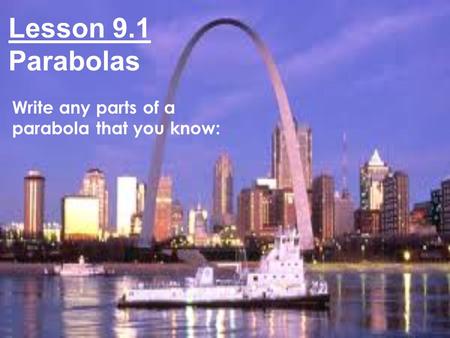 Lesson 9.1 Parabolas Write any parts of a parabola that you know: