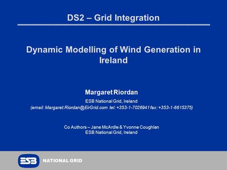 DS2 – Grid Integration Dynamic Modelling of Wind Generation in Ireland